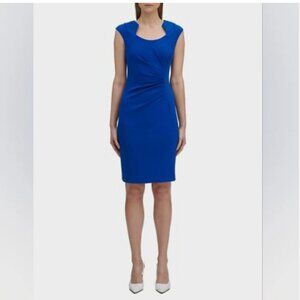 Calvin Klein Blue Side Ruched Horseshoe Neck‎ Sleeveless Sheath Dress Size 12